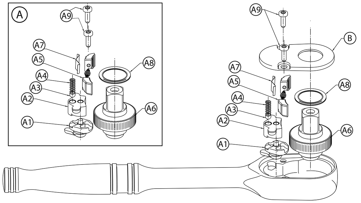 Ratchet, Quick Release Head, Standard Handle, 7 7/16"
