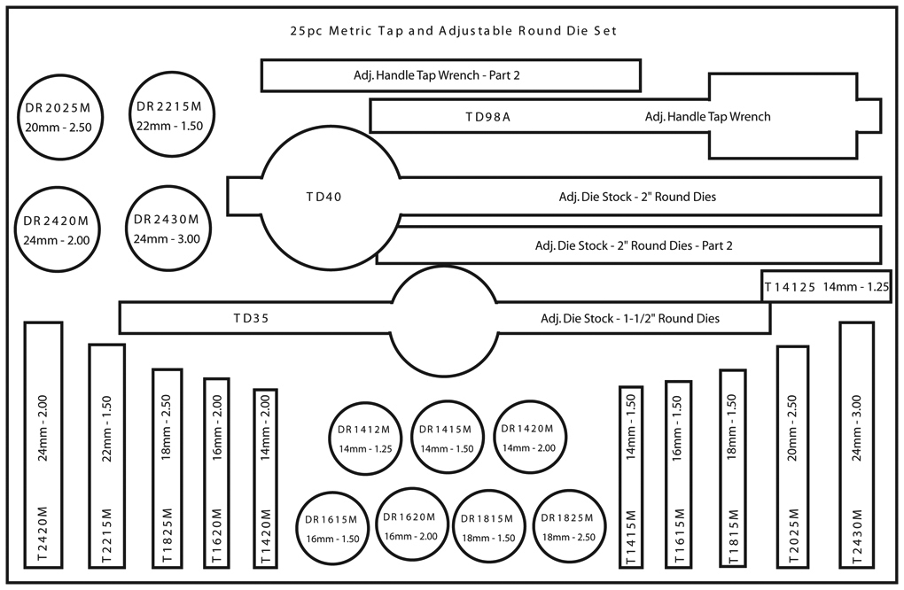 Set, Tap and Die, Metric, 25 pcs. (14mm to 24mm)